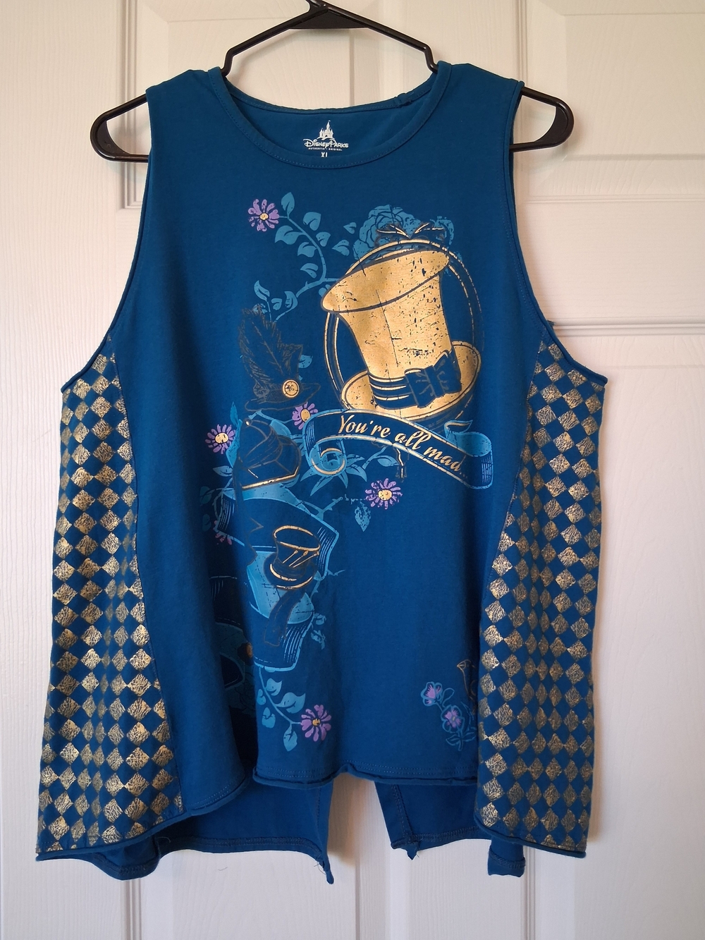 Disney Teal Blue Mad Hatter Graphic Tank with Gold Accents